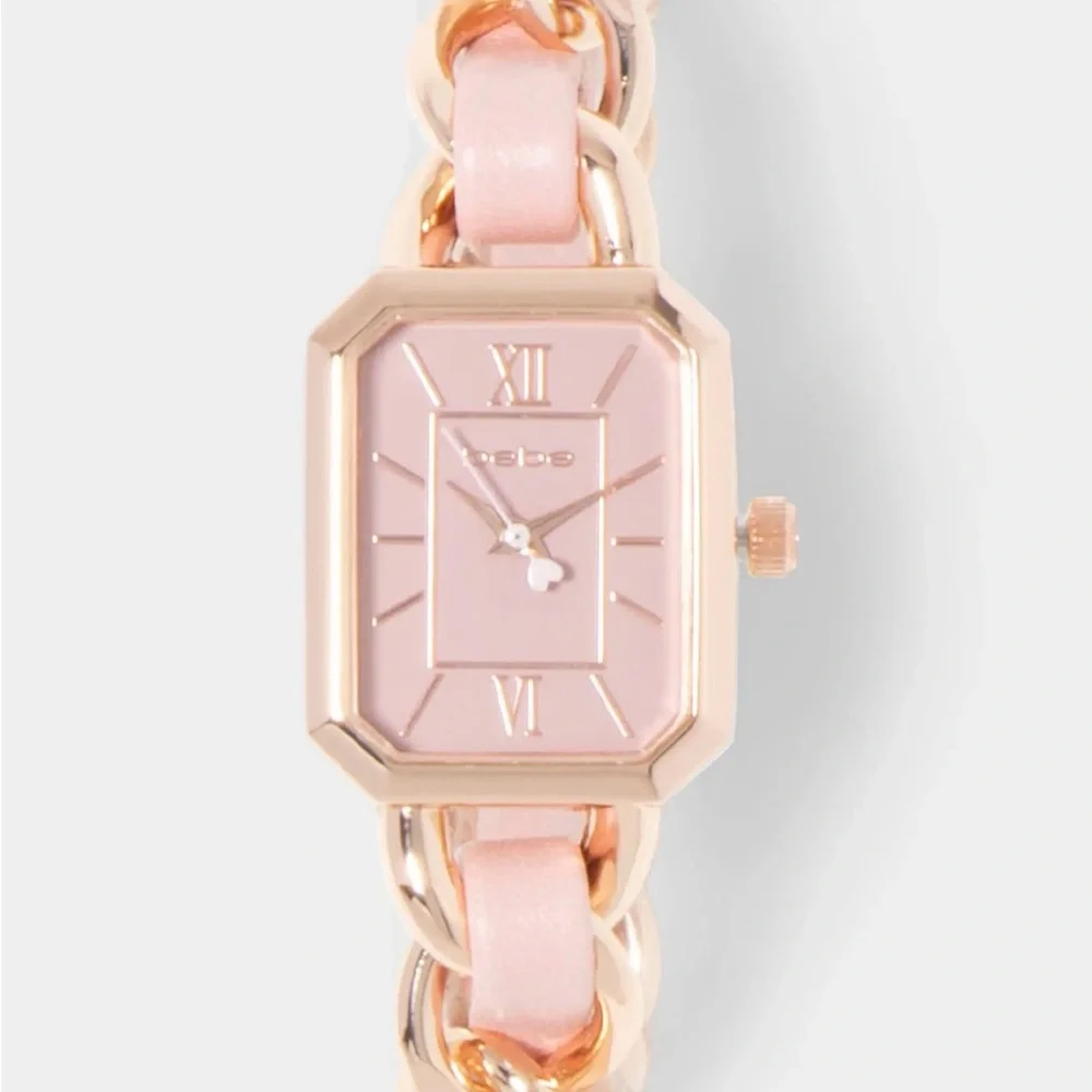 NWT bebe BABY PINK STRAP AND ROSEGOLD METAL CHAIN LINK BRACELET WATCH - Picture 2 of 12